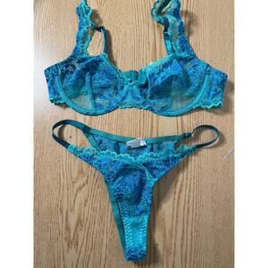 B6 Women’s 2Pc Bra & Cheeky Bikini Panties Lacey Lingerie Set Dark Blue Medium